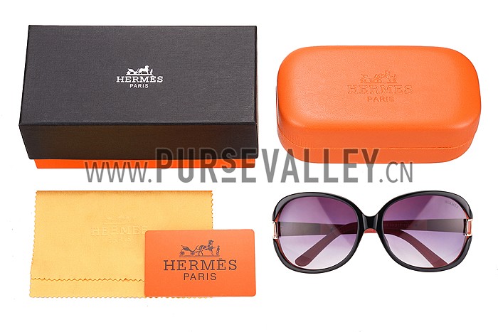 Hermes Oversized Round Frame Black Sunglasses with Metal Carriage Detail 308106