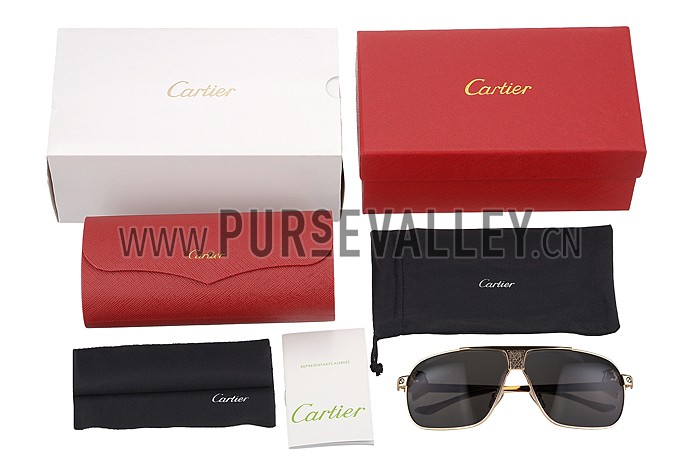 Cartier Screw And Panthere Decor Gold Frames Black Lenses Sunglasses 308135