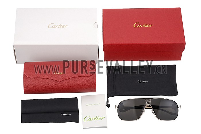 Cartier Screw And Panthere Decor Silver Frames Black Lenses Sunglasses 308136