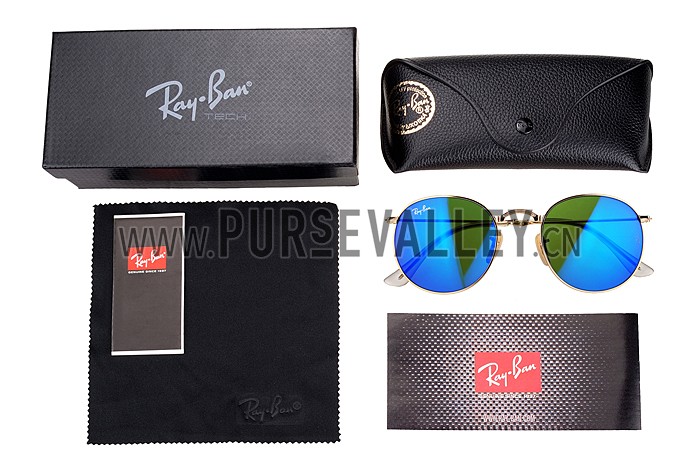 Ray Ban Round Gold Metal Frame Blue/Violet Mirrored Lenses Sunglasses 308157