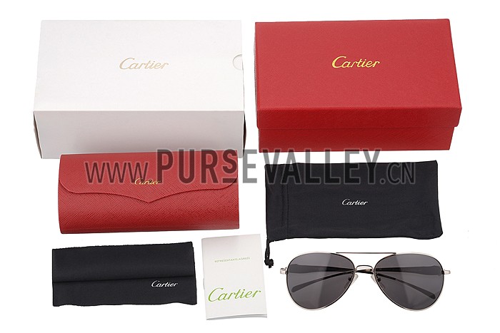 Cartier Panthere Aviator Silver Frame Light Grey Lenses Sunglasses 308187
