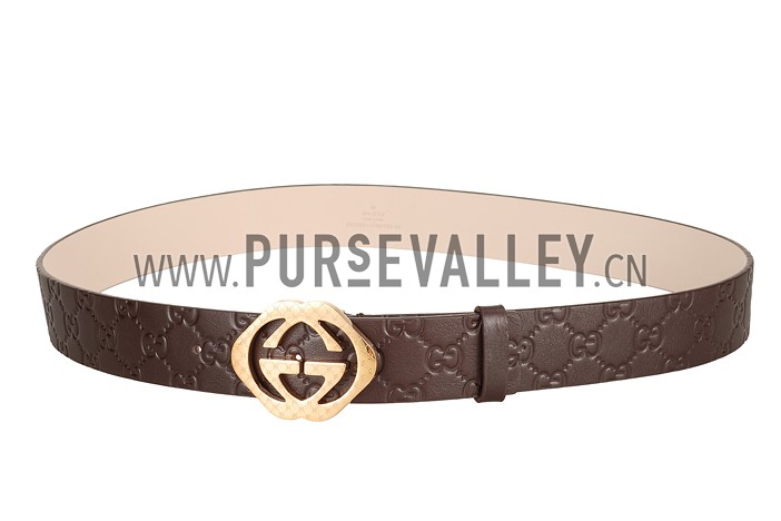 Guccissima Brown Leather Belt with Square Interlocking Buckle