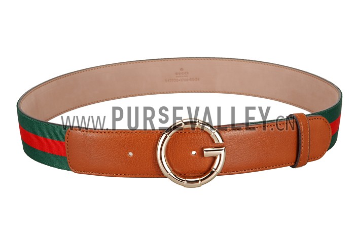 Gucci Web Brown Leather Belt with Golden Rimmed Buckle