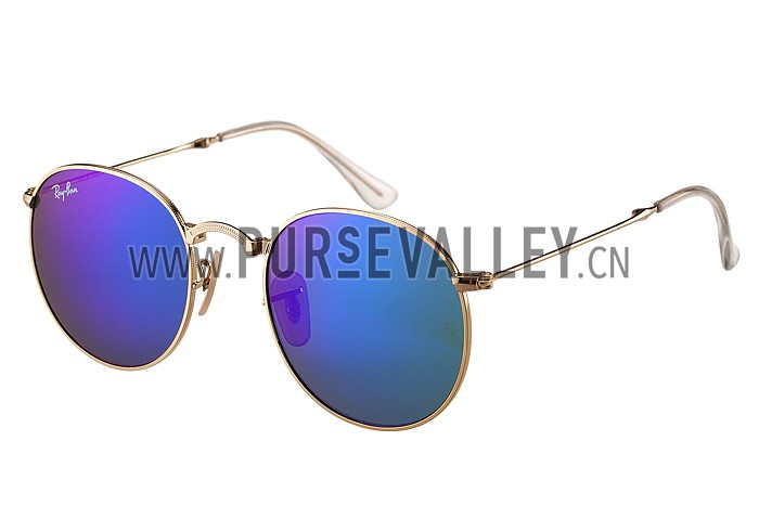 Ray Ban Round Gold Metal Frame Blue/Violet Mirrored Lenses Sunglasses 308157