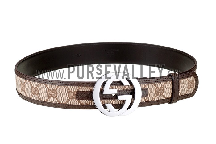 Gucci Replica Brown Leather Trim Interlocking Silver G Buckle Monogram Belt