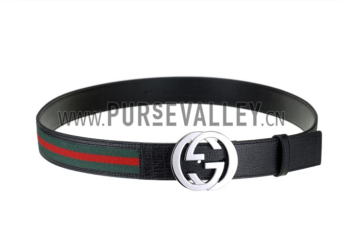 Gucci Replica Black Leather Trim Green Red Signature Web Interlocking Silver G Buckle Belt