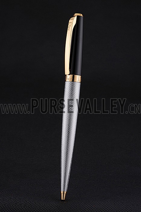 Christian Dior Gold Rimmed Silver Embossed Lower Body Black Ballpoint Pen 622726
