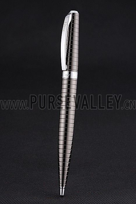 Christian Dior Silver Rimmed Horizontally Grooved Dark Grey Ballpoint Pen 622742