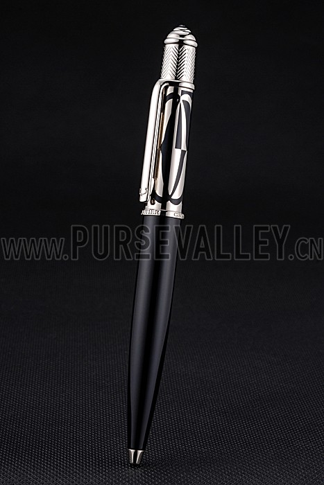 Cartier Silver Rimmed Silver Patterned Upper Body Black Ballpoint Pen 622757
