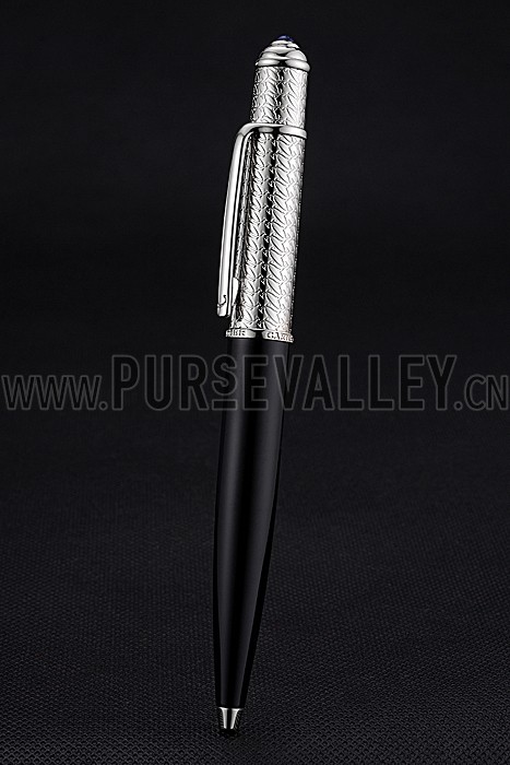 Cartier Silver Rimmed Silver Embossed Upper Body Black Ballpoint Pen 622760
