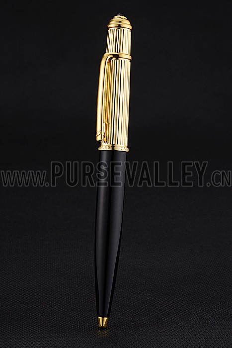 Cartier Gold Rimmed Gold Grooved Upper Body Black Ballpoint Pen 622765