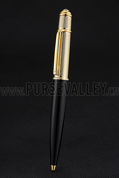 Cartier Gold Rimmed Gold Wave Pattern Upper Body Black Ballpoint Pen 622770