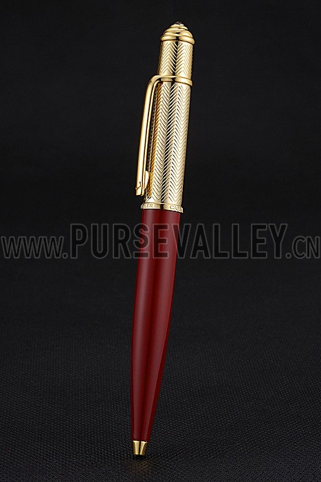 Cartier Gold Rimmed Gold Wave Pattern Upper Body Red Ballpoint Pen 622771