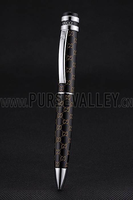 Gucci Silver Rimmed Full Monogrammed Black Ballpoint Pen 622781