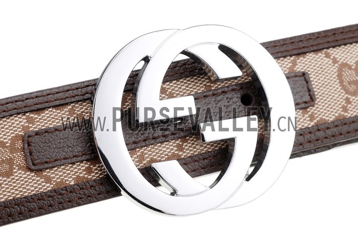 Gucci Replica Brown Leather Trim Interlocking Silver G Buckle Monogram Belt