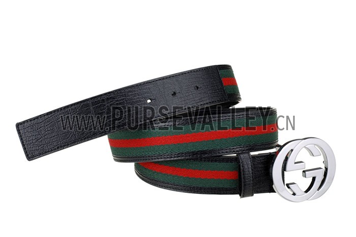 Gucci Replica Black Leather Trim Green Red Signature Web Interlocking Silver G Buckle Belt