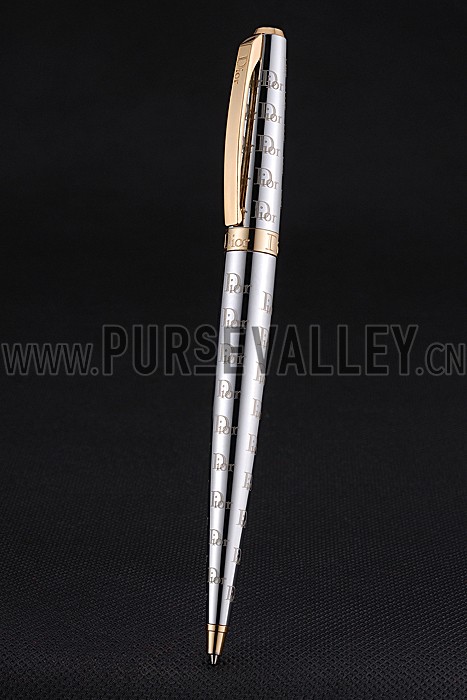 Christian Dior Gold Rimmed Fully Monogramed Silver Ballpoint Pen 622738