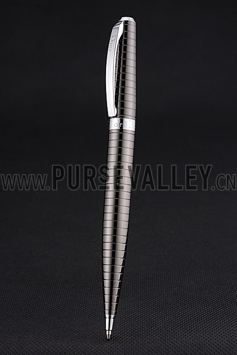 Christian Dior Silver Rimmed Horizontally Grooved Dark Grey Ballpoint Pen 622742