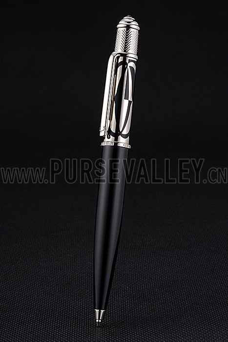 Cartier Silver Rimmed Silver Patterned Upper Body Black Ballpoint Pen 622757