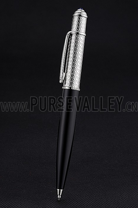 Cartier Silver Rimmed Silver Embossed Upper Body Black Ballpoint Pen 622760