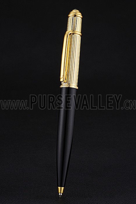 Cartier Gold Rimmed Gold Grooved Upper Body Black Ballpoint Pen 622765