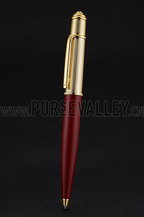 Cartier Gold Rimmed Gold Wave Pattern Upper Body Red Ballpoint Pen 622771