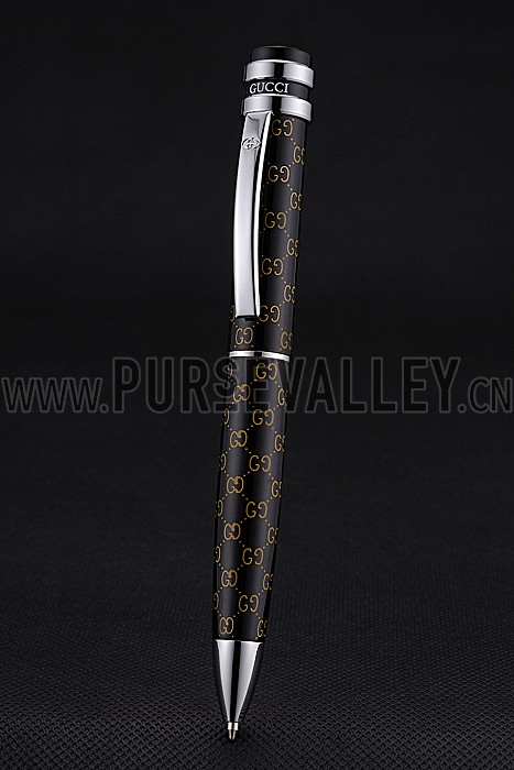 Gucci Silver Rimmed Full Monogrammed Black Ballpoint Pen 622781