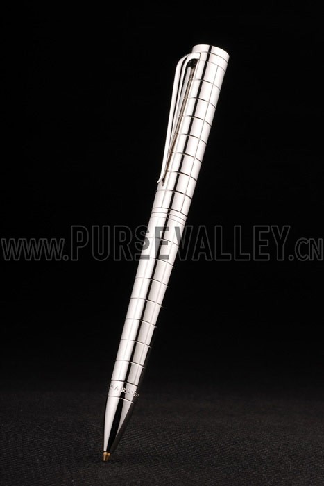 Bvlgari Vertical Grooved Cutwork Pattern Silver Ballpoint Pen With Bvlgari Engraving
