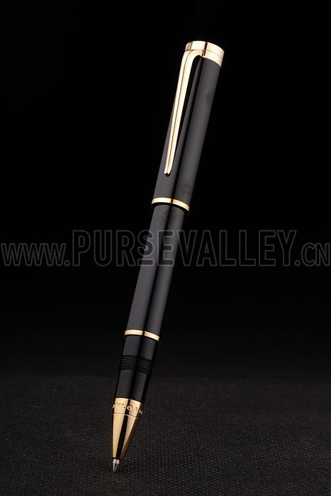Bvlgari Gold Rimmed Black Ballpoint Pen With Bvlgari Engraved Cap