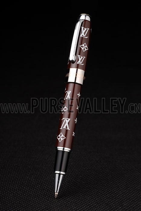 Louis Vuitton Monogram Chocolate And Silver Ballpoint Pen With Louis Vuitton Engraved And Logo Stud Rounded Monogram Cap