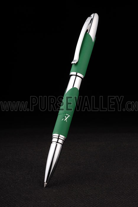 Louis Vuitton Rounded Green Ballpoint Pen With Pointed Silver Ends And Louis Vuitton Engraved Cap