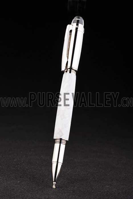 MontBlanc Slim Silver Rim White Enamel Ballpoint Pen With MB Engraved Silver Cap