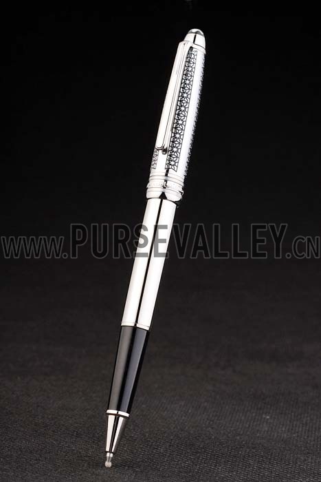 MontBlanc Silver Ballpoint Pen With MB Engraved Black Floral Design Silver Cap