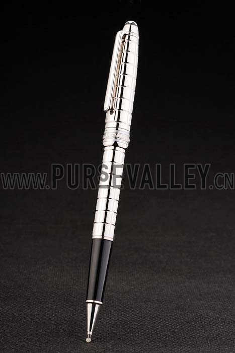 MontBlanc Silver Vertical Grooved Cutwork Slim Ballpoint Pen With MB Engraved Cap