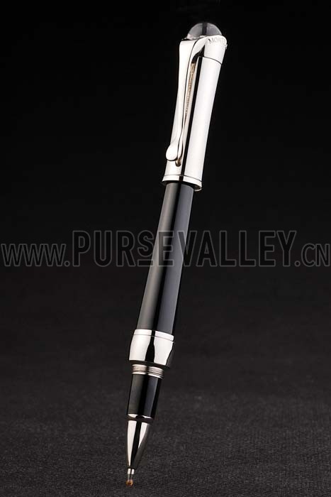 MontBlanc Black Ballpoint Pen With MB Engraved And Crystal Studded Curved Silver Cap