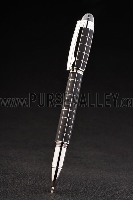 MontBlanc Silver Trimmed Square Cutwork Black Ballpoint Pen With MB Engraved Cap