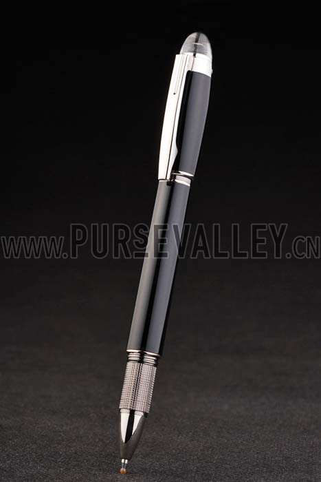 MontBlanc Silver Trimmed Thick Rounded Black Enamel Ballpoint Pen With MB Engraved Cap