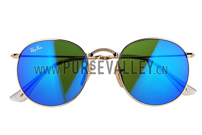 Ray Ban Round Gold Metal Frame Blue/Violet Mirrored Lenses Sunglasses 308157
