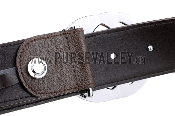 Gucci Replica Brown Leather Trim Interlocking Silver G Buckle Monogram Belt