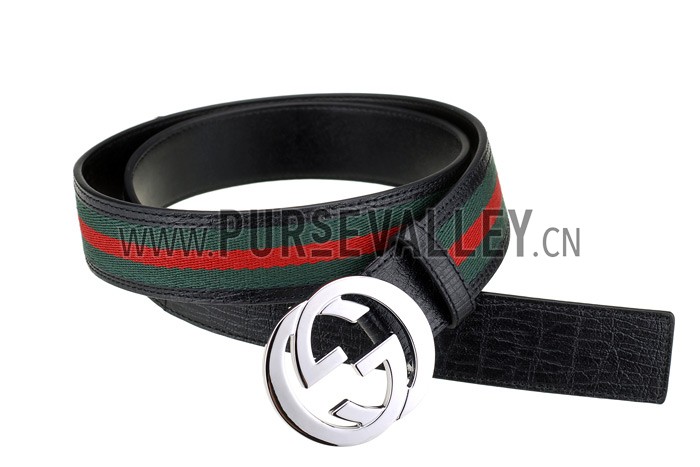 Gucci Replica Black Leather Trim Green Red Signature Web Interlocking Silver G Buckle Belt