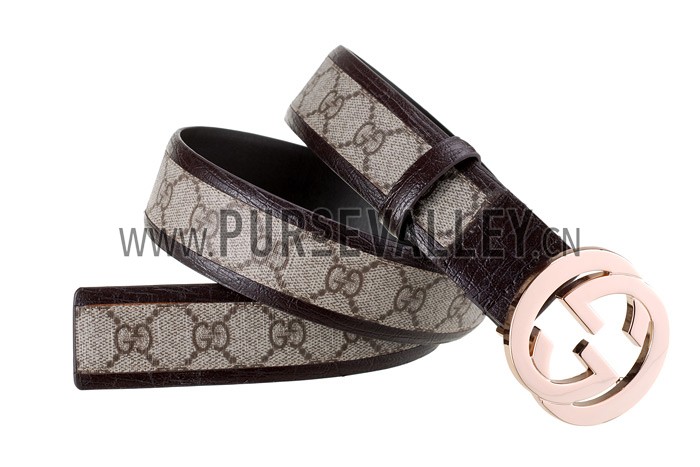 Gucci Replica Brown Leather Trim Interlocking Brass G Buckle Monogram Belt