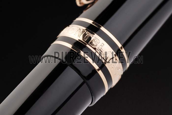MontBlanc Gold Trimmed Black Enamel Fountain Pen With MB Engraving