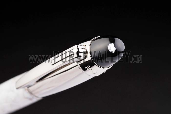 MontBlanc Slim Silver Rim White Enamel Ballpoint Pen With MB Engraved Silver Cap