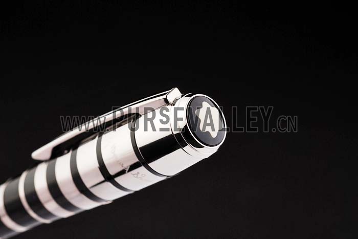 MontBlanc Silver Ring Pattern Black Enamel Ballpoint Pen With MB Engraved Cap
