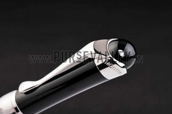 MontBlanc Silver Trimmed Black Ballpoint Pen With Rounded Tip Cap