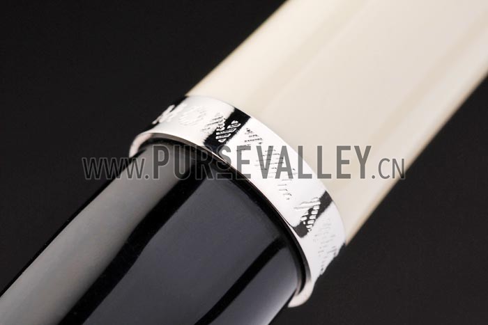 MontBlanc Silver Tipped Black Ballpoint Pen With Silver Trimmed MB Engraved Enameled Ivory Back With Pearl Stud