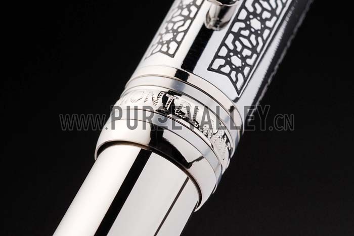 MontBlanc Silver Ballpoint Pen With MB Engraved Black Floral Design Silver Cap