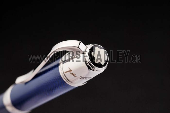 MontBlanc Silver Tip And Rim Blue Ballpoint Pen With MB Engraving
