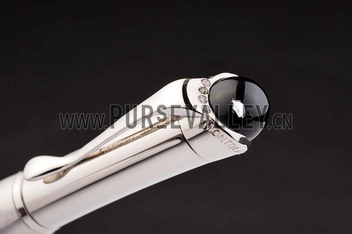 MontBlanc Black Ballpoint Pen With MB Engraved And Crystal Studded Curved Silver Cap