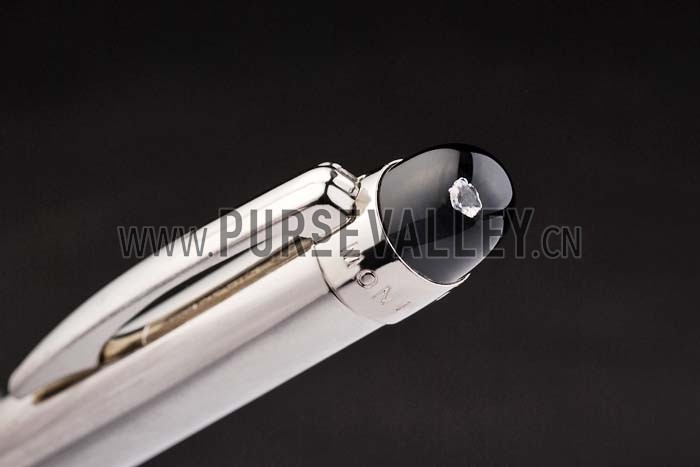 MontBlanc Pointed Tip Thick Rounded MB Engraved Silver Ballpoint Pen With Black Trimming